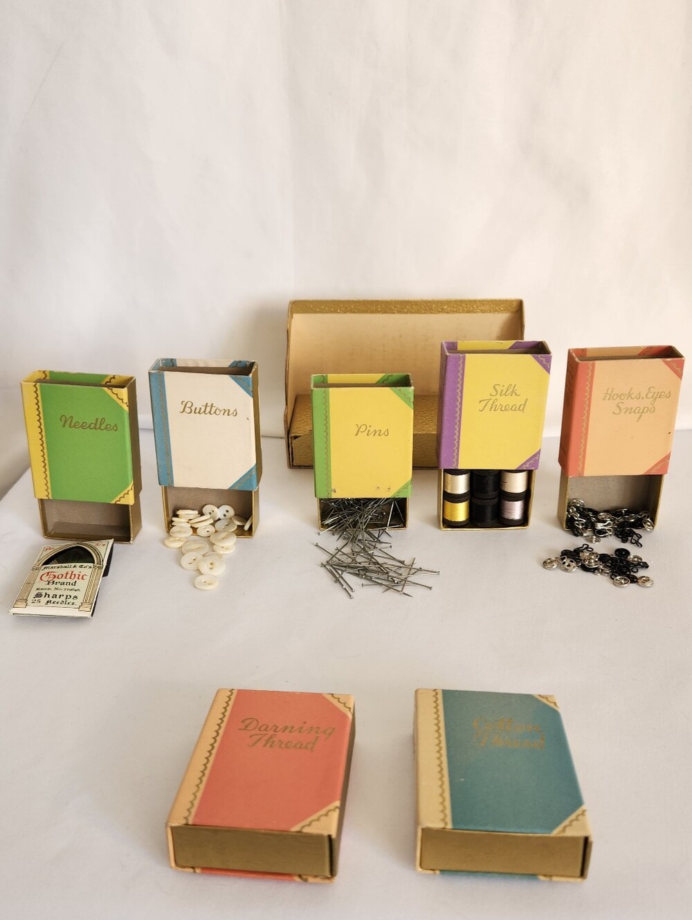 Vintage Sewing Supply Storage Set in Green, Yellow, Pink & Blue